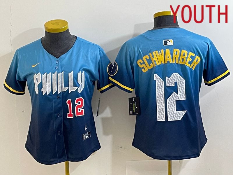 Youth Philadelphia Phillies #12 Schwarber Blue City Edition Nike 2024 MLB Jersey style 2